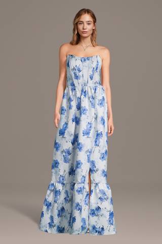 View Celebrate DB Studio Strapless Floral Brocade Corset A-Line Dress in all available color and sizes Picture of Strapless Floral Brocade Corset A-Line Dress